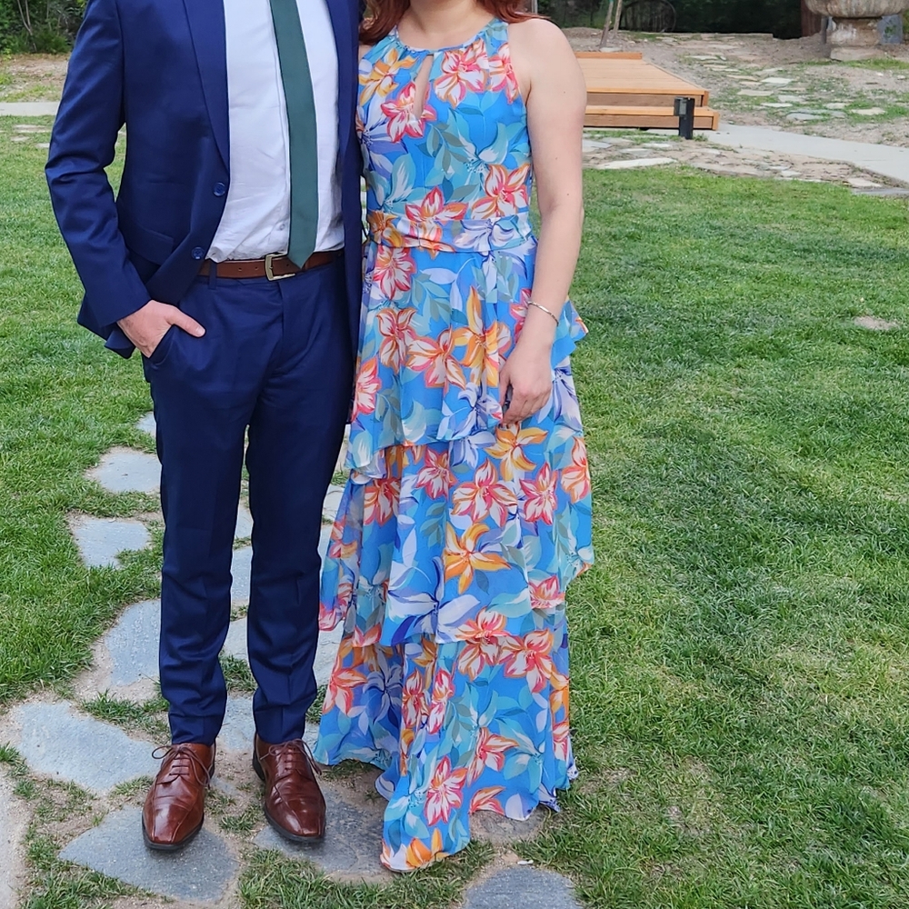 Tiered maxi dress, blue floral prom/wedding